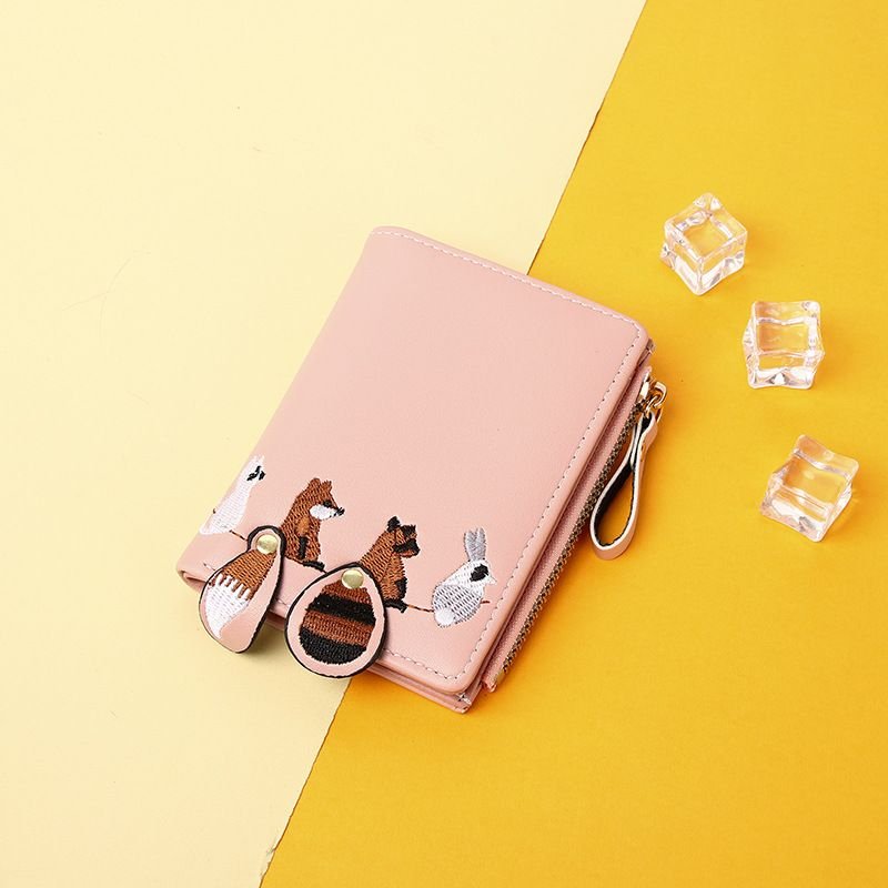 Women Fashion Cute Cartoon Animal Embroidered Folding Mini Wallet